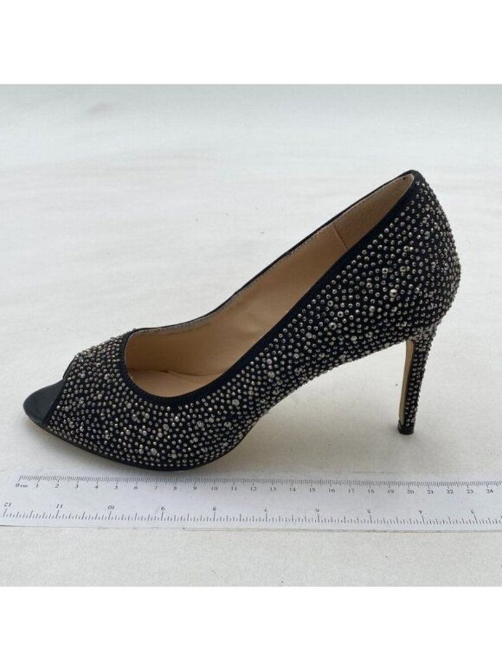 XYD Black Plated High Heels Pumps Peep Toe Crystals Rhinestones Stilettos Shoes